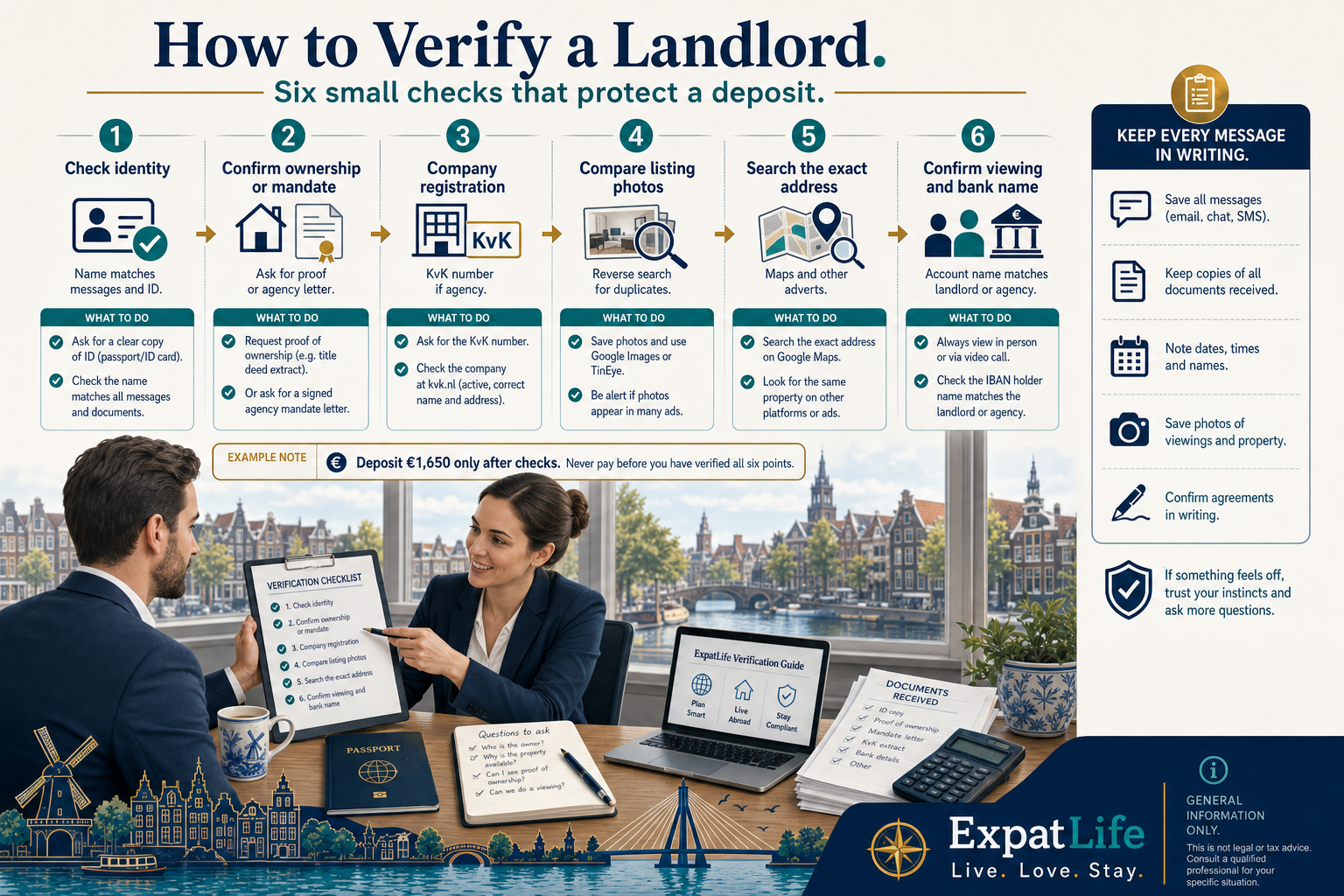 Premium verification workflow — cross-check the advertisement, request identity and ownership evidence, confirm agency registration, arrange a viewing, verify the bank account name and keep every message in writing.