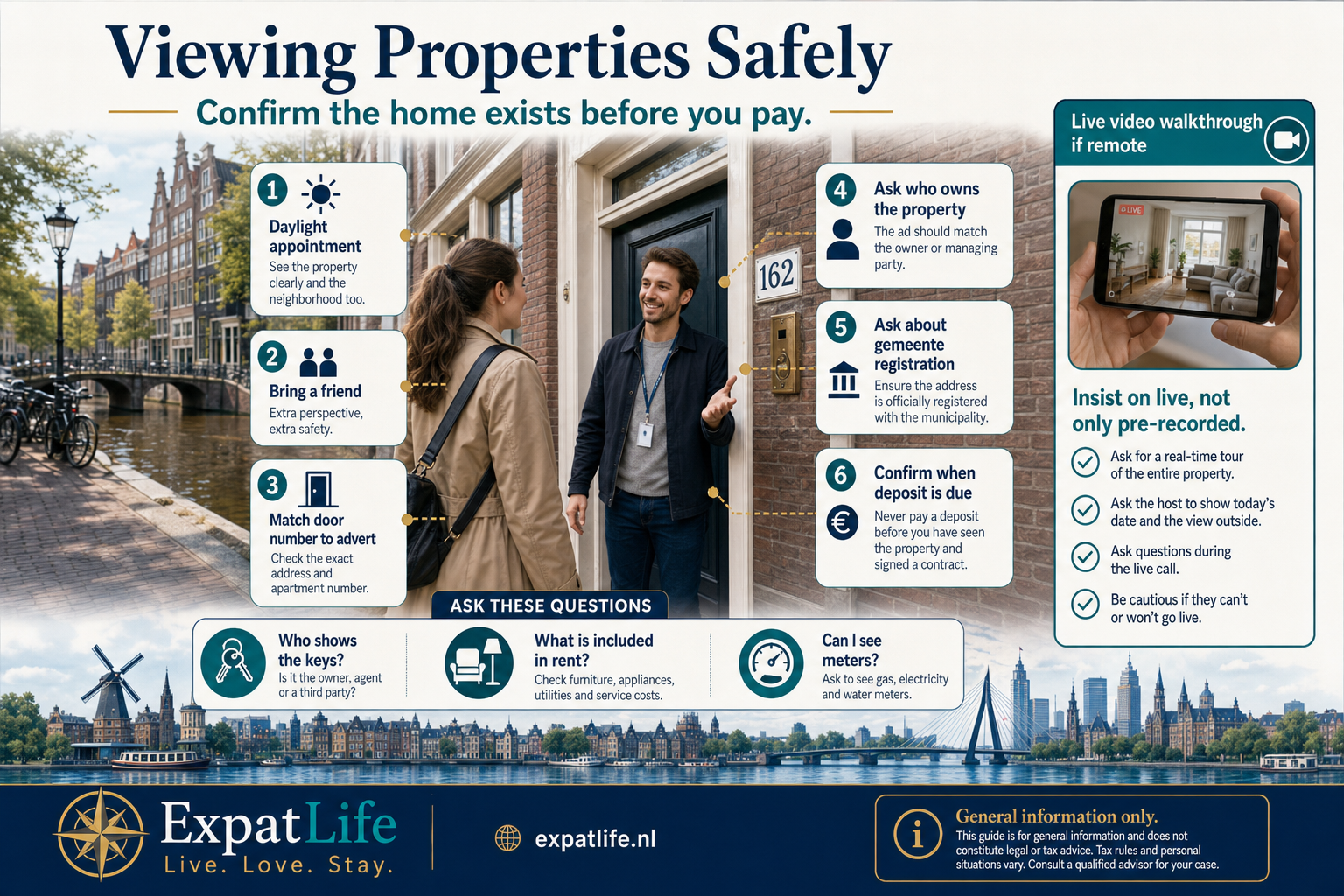 Premium viewing safety guide — in-person visit with a friend, daylight appointment, address and door number verification, live video walkthrough alternative, and questions to ask the person showing the property.