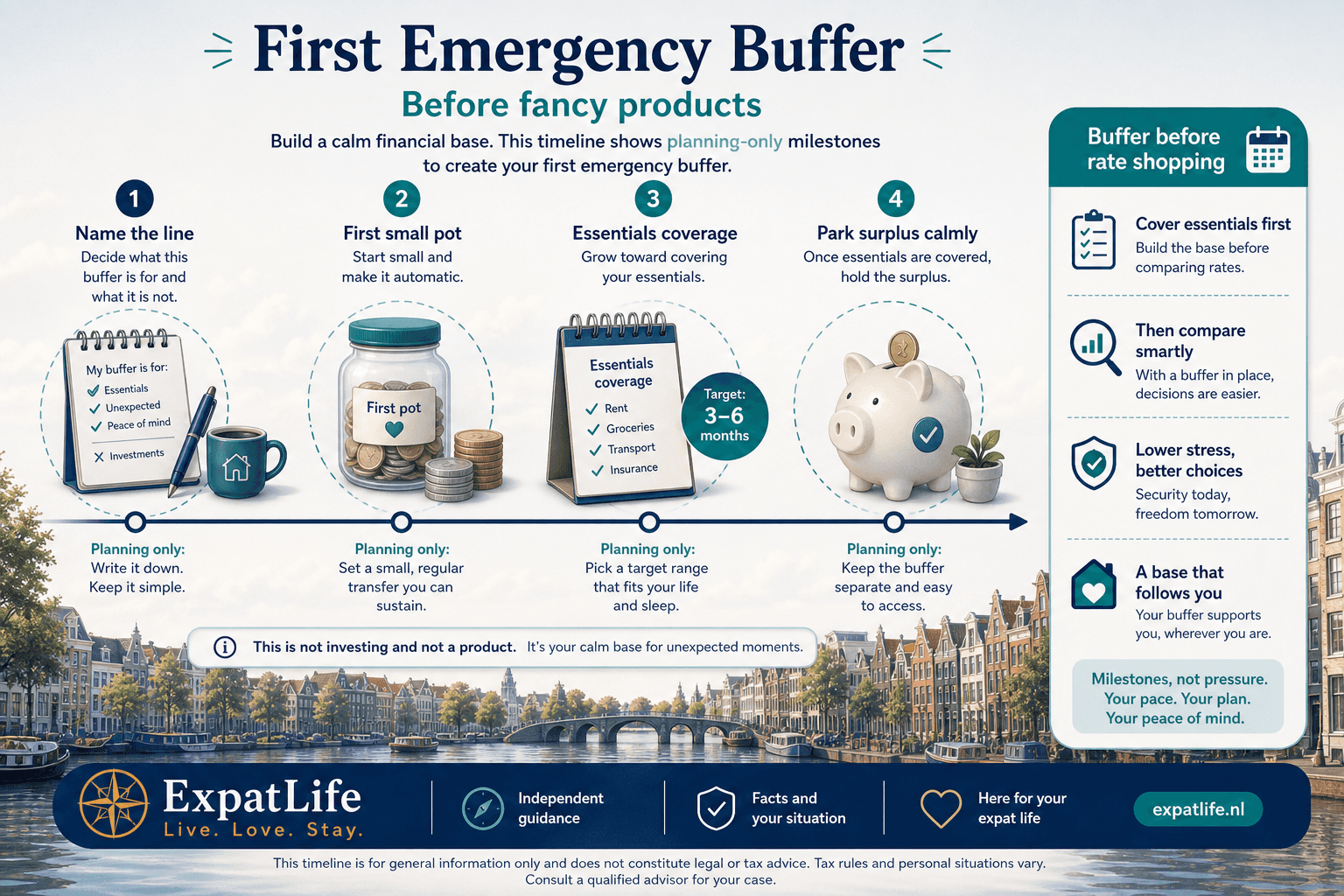 Premium emergency buffer timeline — first €500–€1,000 sketch, then one month of essentials, then goals — piggy jar and calendar, ExpatLife brand footer with compass and Live. Love. Stay.