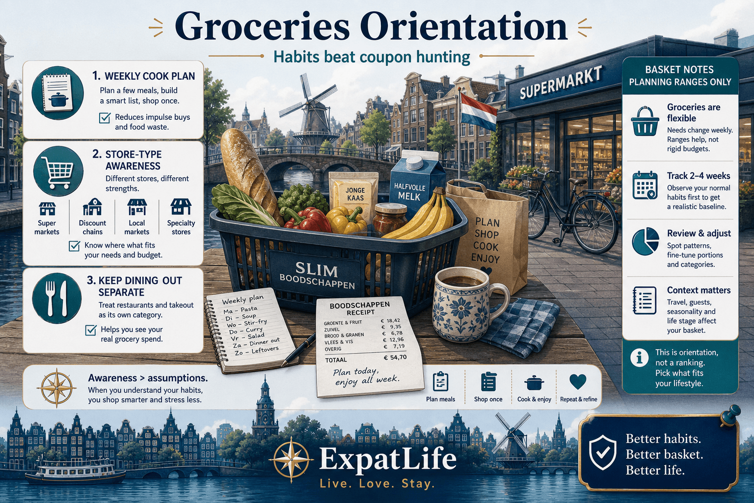 Premium groceries orientation board — supermarket basket habits, store-type awareness, weekly cook plan, dining-out uplift — Dutch market street context and ExpatLife brand footer with compass and Live. Love. Stay.