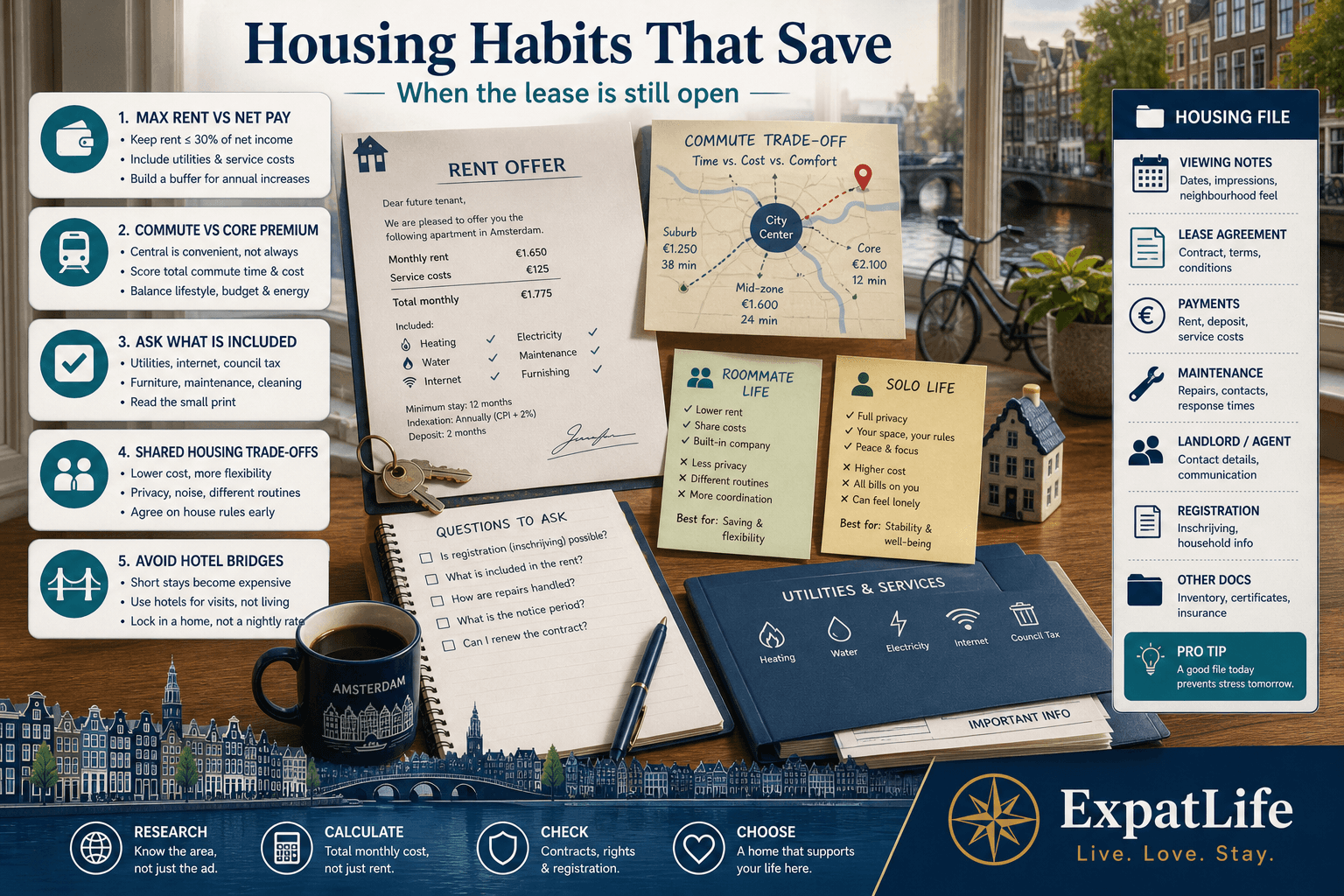 Premium housing-habits desk scene — rent letter, commute trade-off map, roommate vs solo note and utilities folder — Amsterdam apartment window light, ExpatLife brand area with compass and Live. Love. Stay.