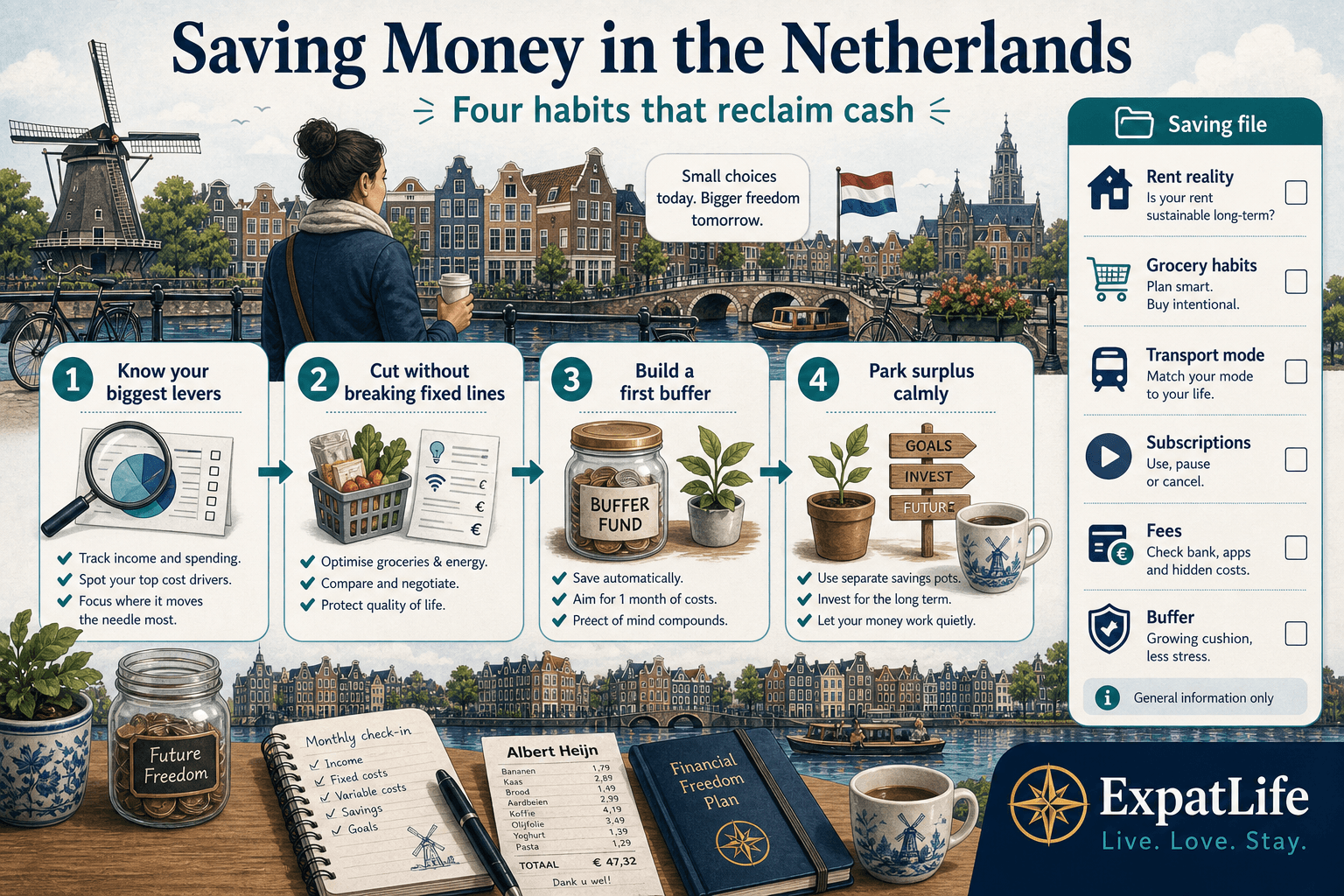 Premium orientation board titled Saving Money in the Netherlands — four habits: know your biggest levers, cut without breaking fixed lines, build a first buffer, then park surplus calmly — right-side Saving file rail lists rent reality, grocery habits, transport mode, subscriptions, fees and buffer — ExpatLife brand footer with compass and Live. Love. Stay.