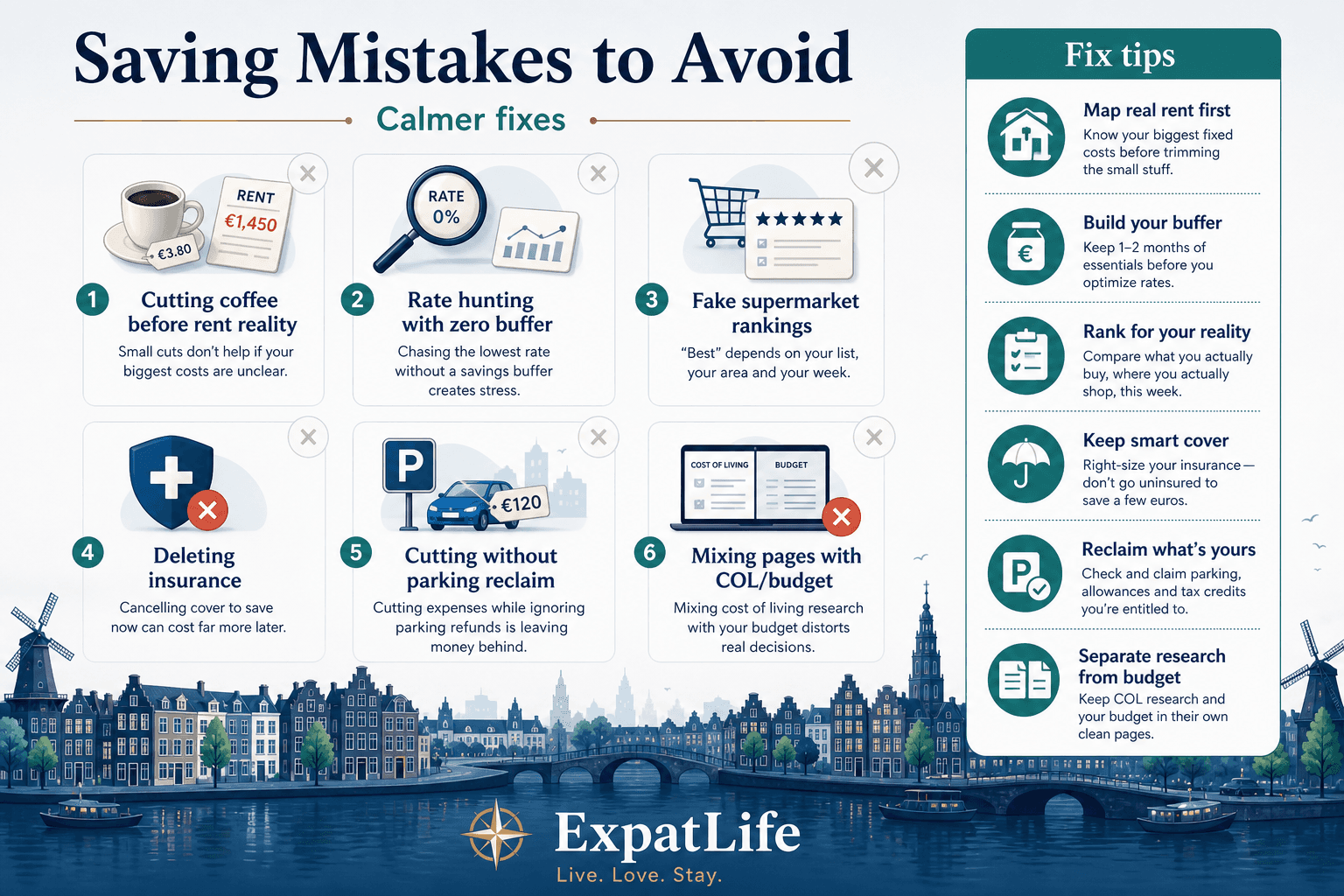 Premium mistakes board for Netherlands saving — cutting coffee before rent reality, skipping buffer for rate hunting, treating store lists as rankings, deleting insurance, chasing products first — Fix tips on a right-side rail.