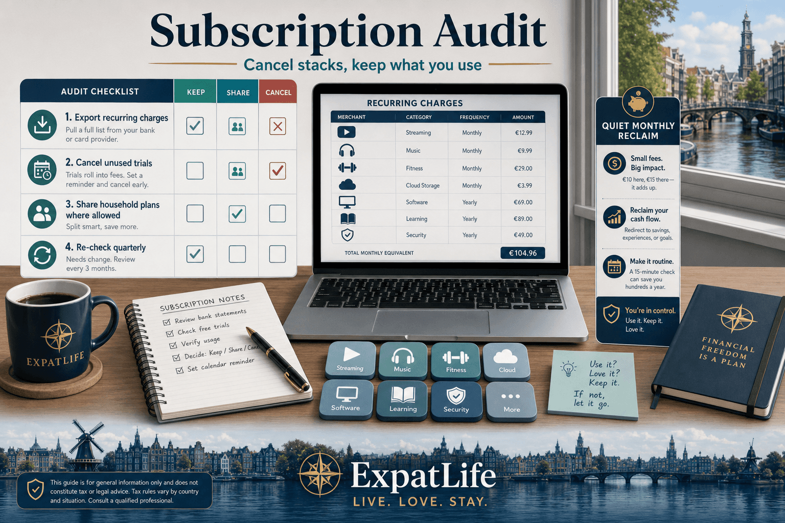 Premium subscription audit board — streaming, software, gym, memberships and forgotten trials — checklist rail and ExpatLife brand footer with compass and Live. Love. Stay.