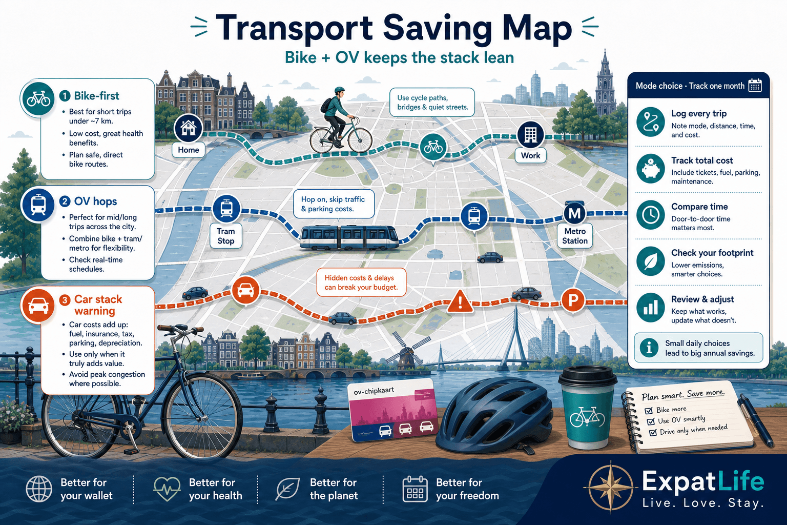 Premium transport saving map — bike-first cities, OV-chipkaart monthly habits, occasional taxi, car cost warning — canal and tram backdrop, ExpatLife brand footer.