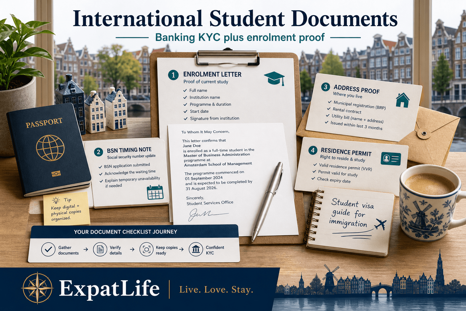 Premium international-student documents board — passport, enrolment letter, BSN timing, address proof, residence permit cue — Student visa short-link note, canal backdrop, ExpatLife brand footer with compass and Live. Love. Stay.
