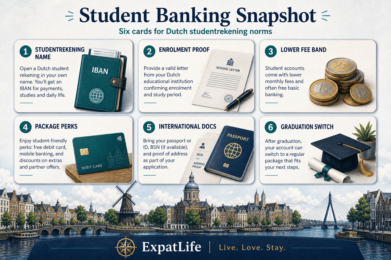 Premium six-card snapshot of Dutch student banking — studentrekening name, enrolment proof, lower fee band, package perks, international docs, graduation switch — Dutch canal skyline band and ExpatLife brand footer with compass and Live. Love. Stay.