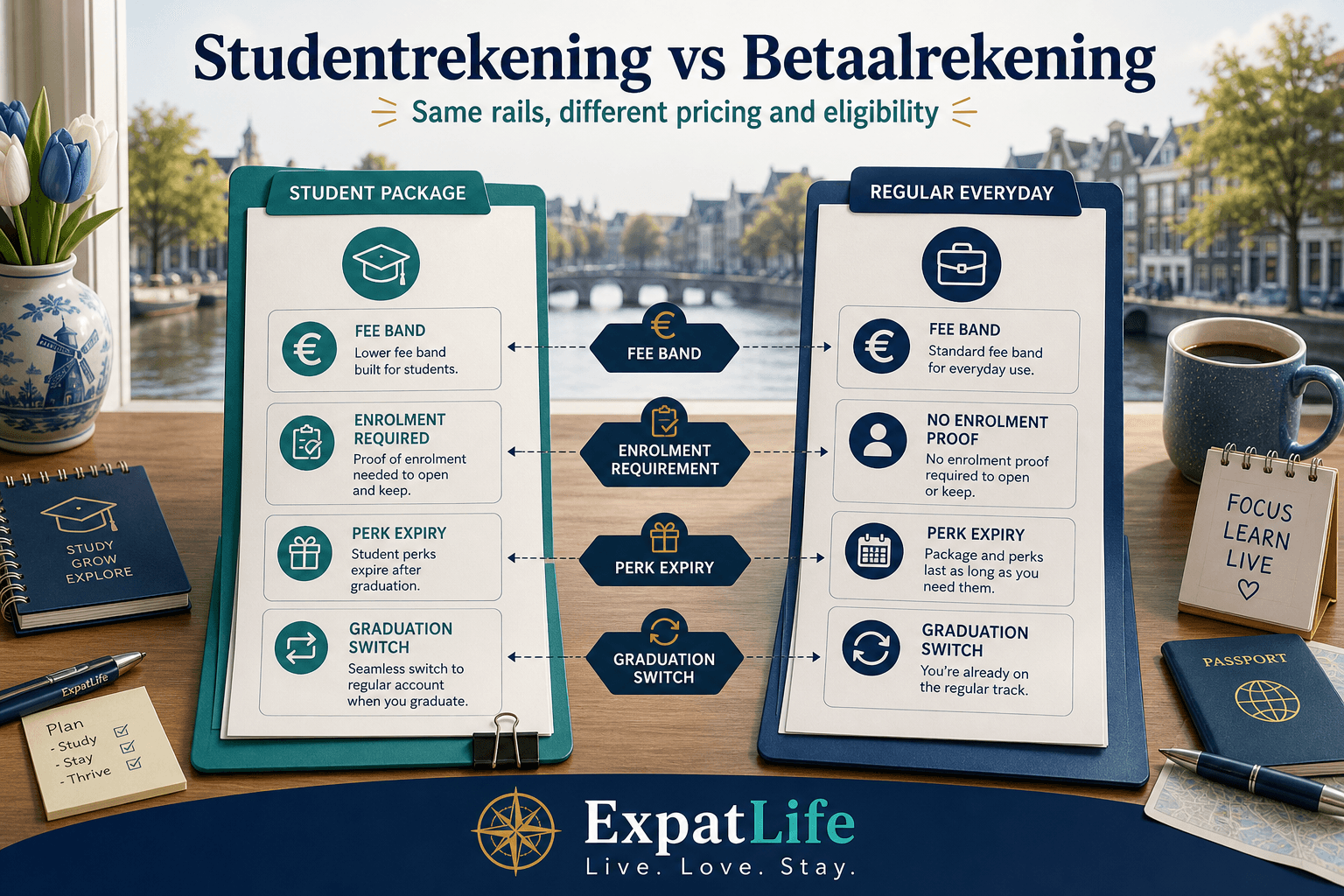 Premium comparison board — studentrekening vs regular betaalrekening — fee band, enrolment requirement, perk expiry, graduation switch — desk scene with two account folders and ExpatLife brand footer.
