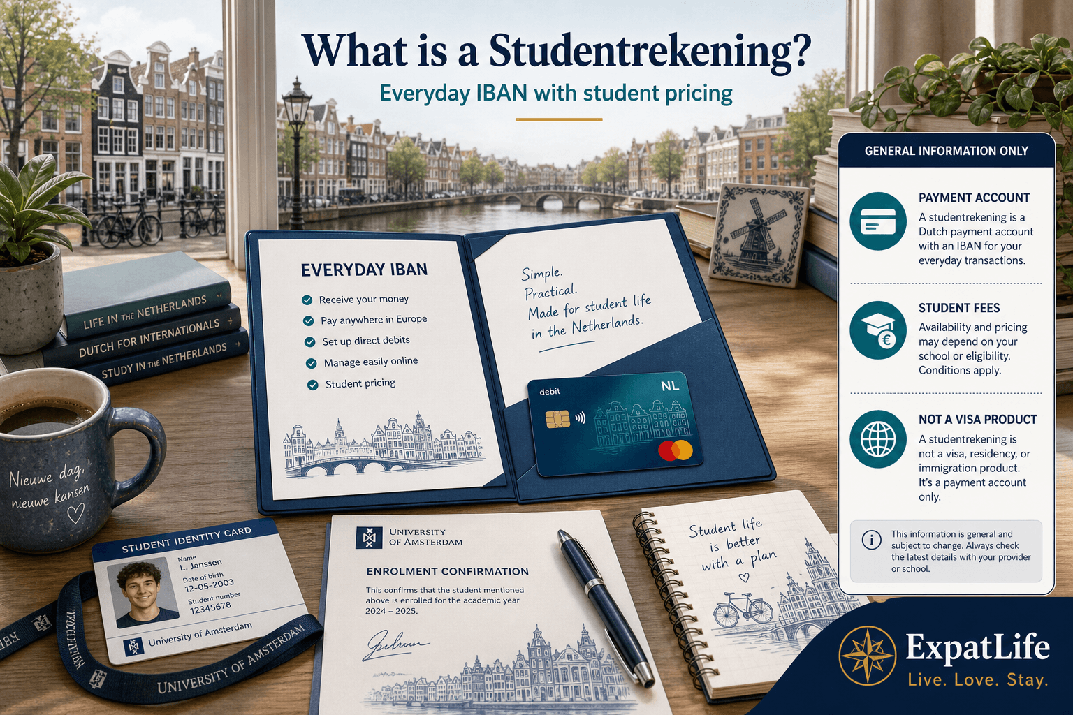 Premium desk scene explaining a Dutch studentrekening — everyday IBAN folder, student ID card, enrolment letter, and a General information only rail — canal window light, ExpatLife brand area.