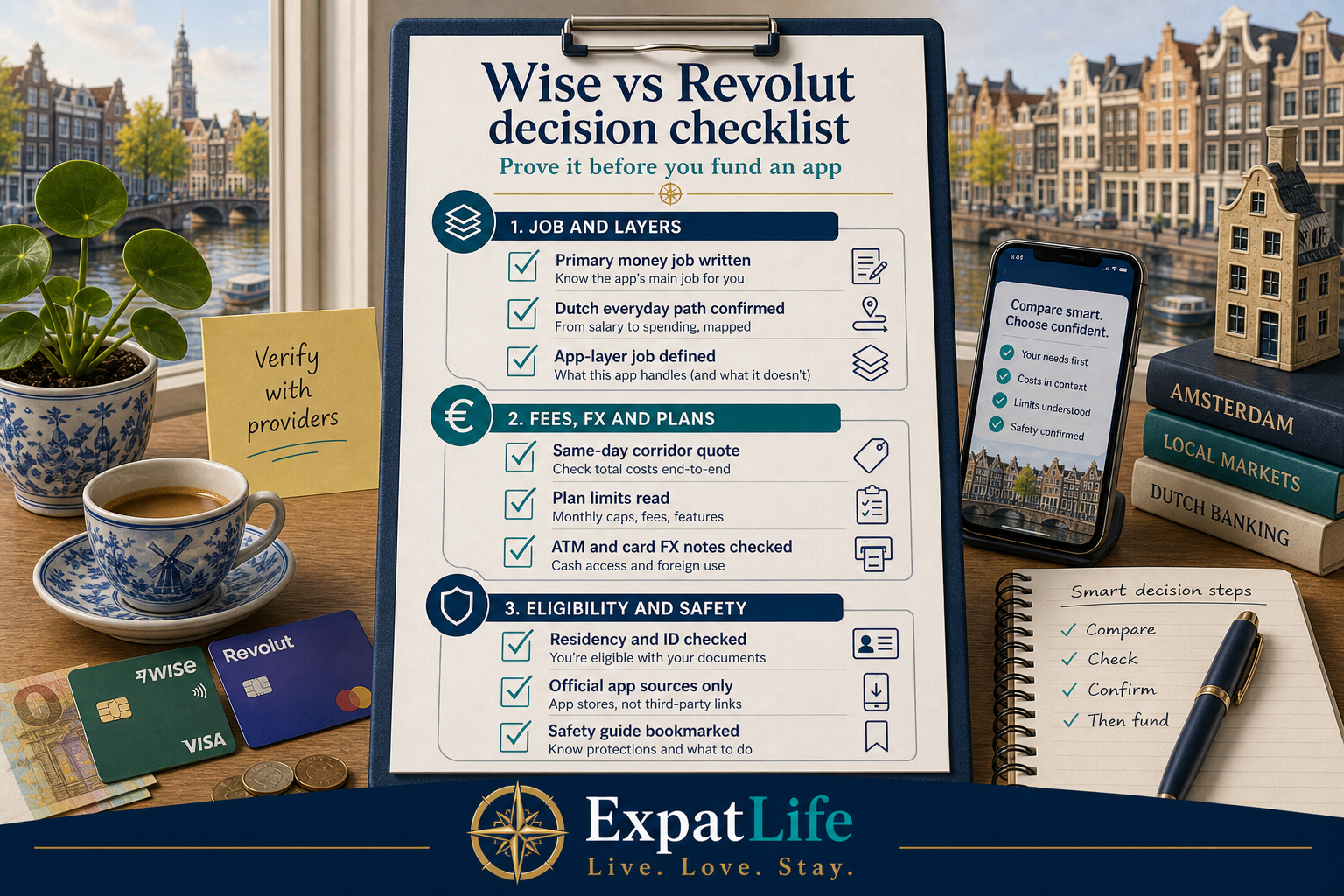 Premium Wise vs Revolut decision checklist — job defined, Dutch everyday path checked, fee/FX quote compared same day, plan limits read, eligibility verified, International transfers bookmarked — ExpatLife brand footer with compass and Live. Love. Stay.