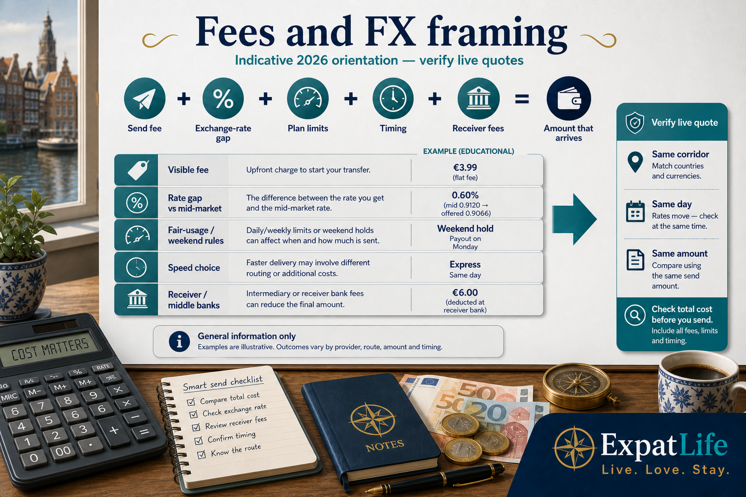 Premium fees and FX framing board for 2026 orientation — send fee, exchange-rate gap, plan limits, weekend or fair-usage rules, and amount that arrives — calculator props, teal Verify live quote rail, ExpatLife brand footer.