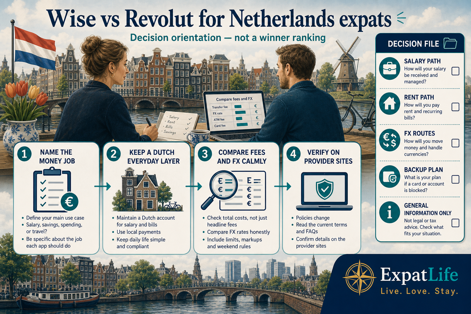 Premium orientation board titled Wise vs Revolut for Netherlands expats — four building blocks: define the job, keep a Dutch everyday layer, compare fees and FX calmly, and verify on provider sites — right-side Decision file rail lists salary path, rent path, FX routes and backup plan.