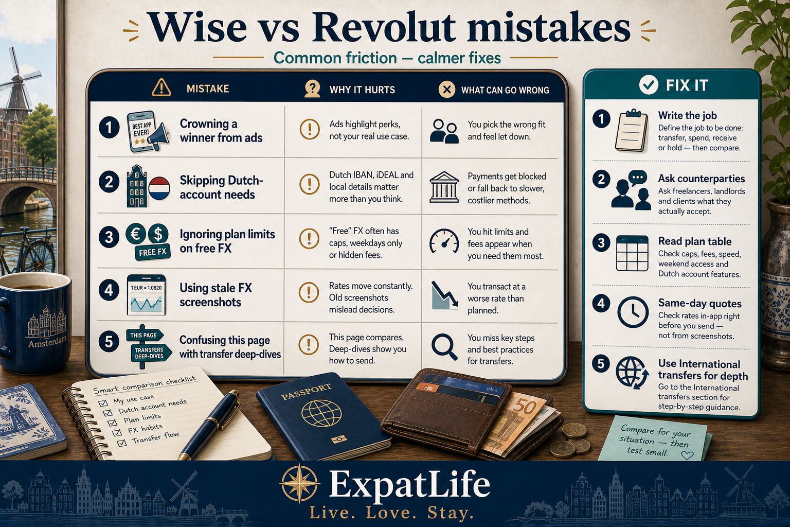 Premium mistakes board for Wise vs Revolut decisions — crowning a winner from ads, skipping Dutch-account needs, ignoring plan limits, treating marketing FX as forever, and confusing this page with transfer deep-dives — Fix tips on a right-side rail.