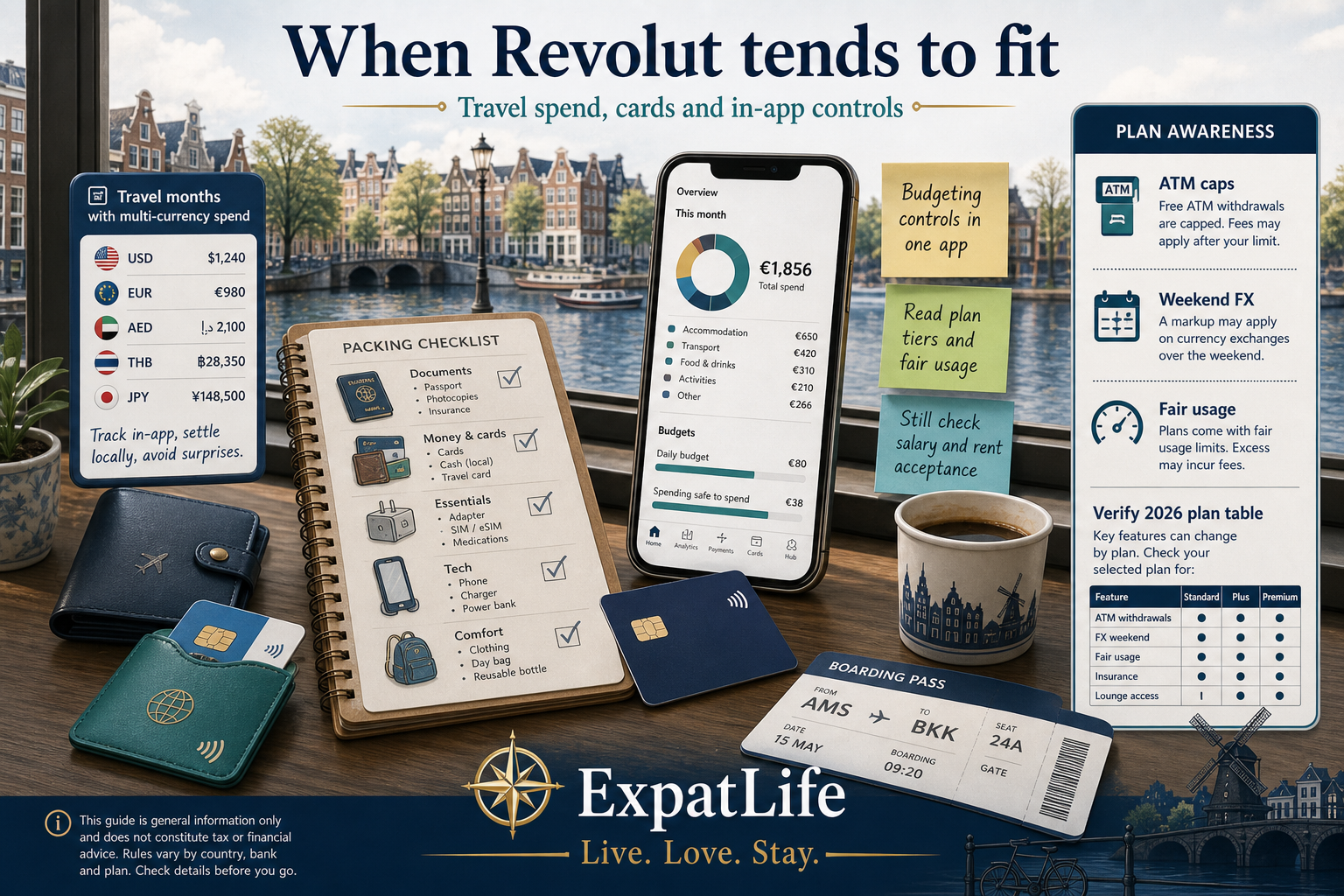 Premium lifestyle desk scene for when Revolut tends to fit — travel spend, budgeting controls, multi-currency cards and everyday app features — Amsterdam window light, plan-awareness checklist rail, ExpatLife compass brand area.