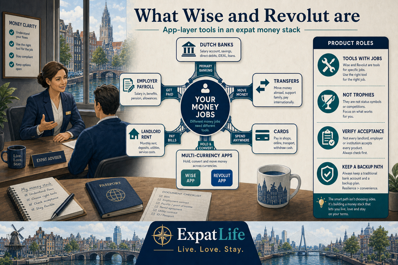 Premium ecosystem diagram of multi-currency app banking — Wise and Revolut as app-layer tools beside Dutch banks, transfers, cards and employer payroll — consultation desk with device props, teal Product roles rail, ExpatLife brand area.