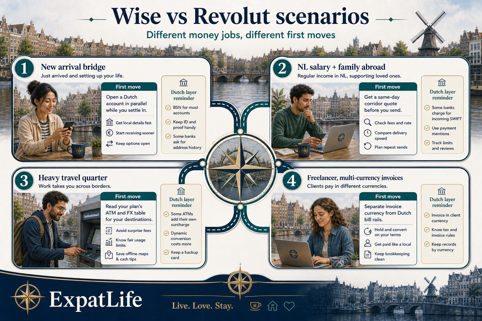 Premium four-scenario board for Wise vs Revolut — new arrival bridge, salary in NL with family abroad, frequent travel spend, and freelancer multi-currency invoices — each with a first move and Dutch-layer reminder.