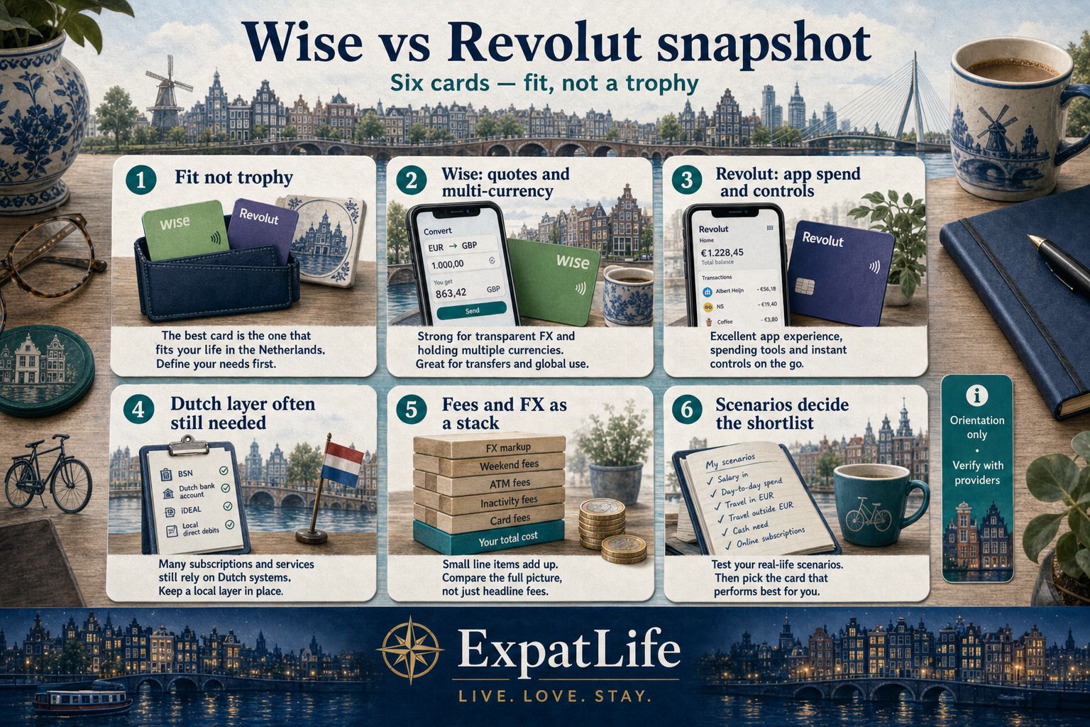 Premium six-card snapshot of Wise vs Revolut for expats — app-layer roles, transfer strength, multi-currency spend, Dutch account pairing, fee/FX framing, and scenario fit — Dutch canal skyline band and ExpatLife brand footer with compass and Live. Love. Stay.