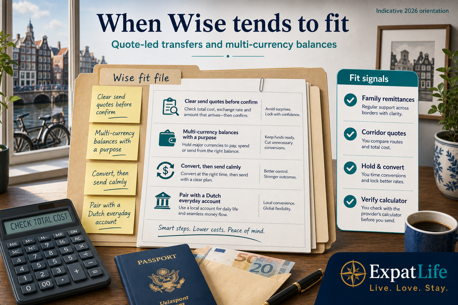 Premium record-file board for when Wise tends to fit — transparent transfer quotes, multi-currency balances, holding and converting before a send — desk scene with calculator and passport props, right-side Fit signals rail, ExpatLife brand footer.